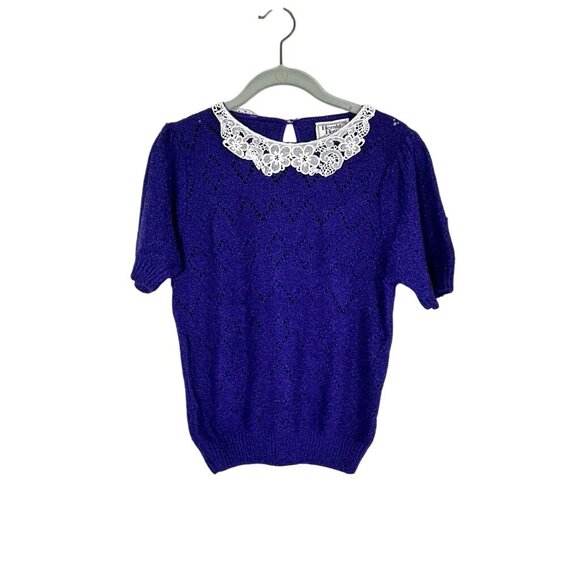 Retro Knit Sweater Chevron M Blue Floral Lace Chic Preppy Classic Neutral 80s - Picture 1 of 10